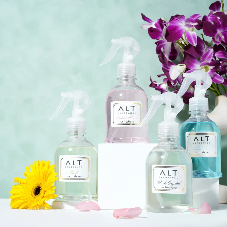 (Pack of 4)  Blue Ice, Orchid Flora,  Black Crystal & Musk - Air fresheners (300 ML x 4) Info - Image 4